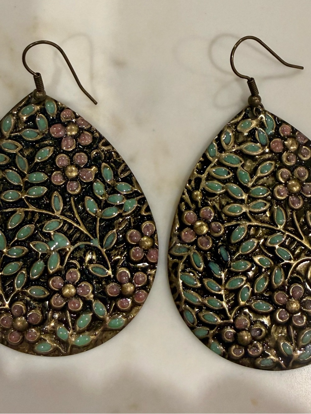 Floral Teardrop Dangle Earrings in Turquoise & Lavender